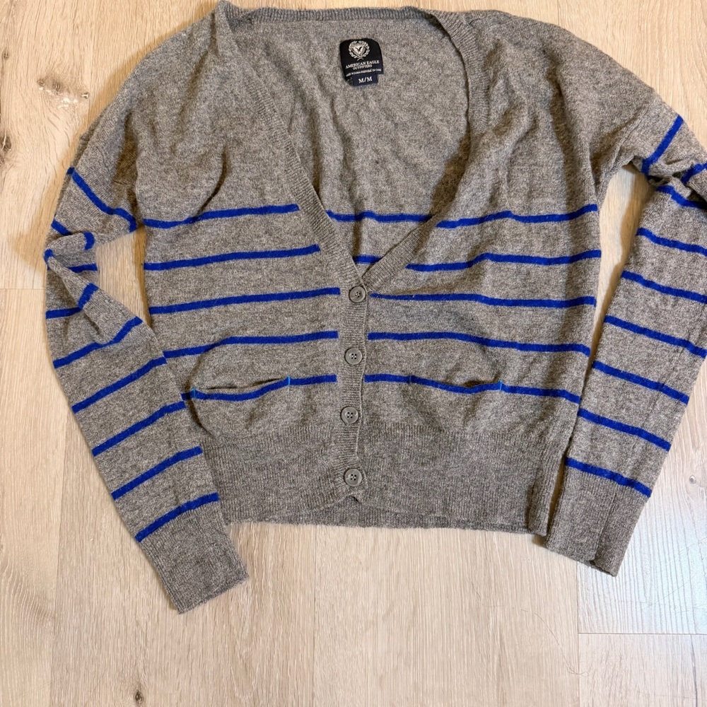 VTG 2011 American Eagle Striped Wool Blend Cardigan - Gray & Blue - Size M